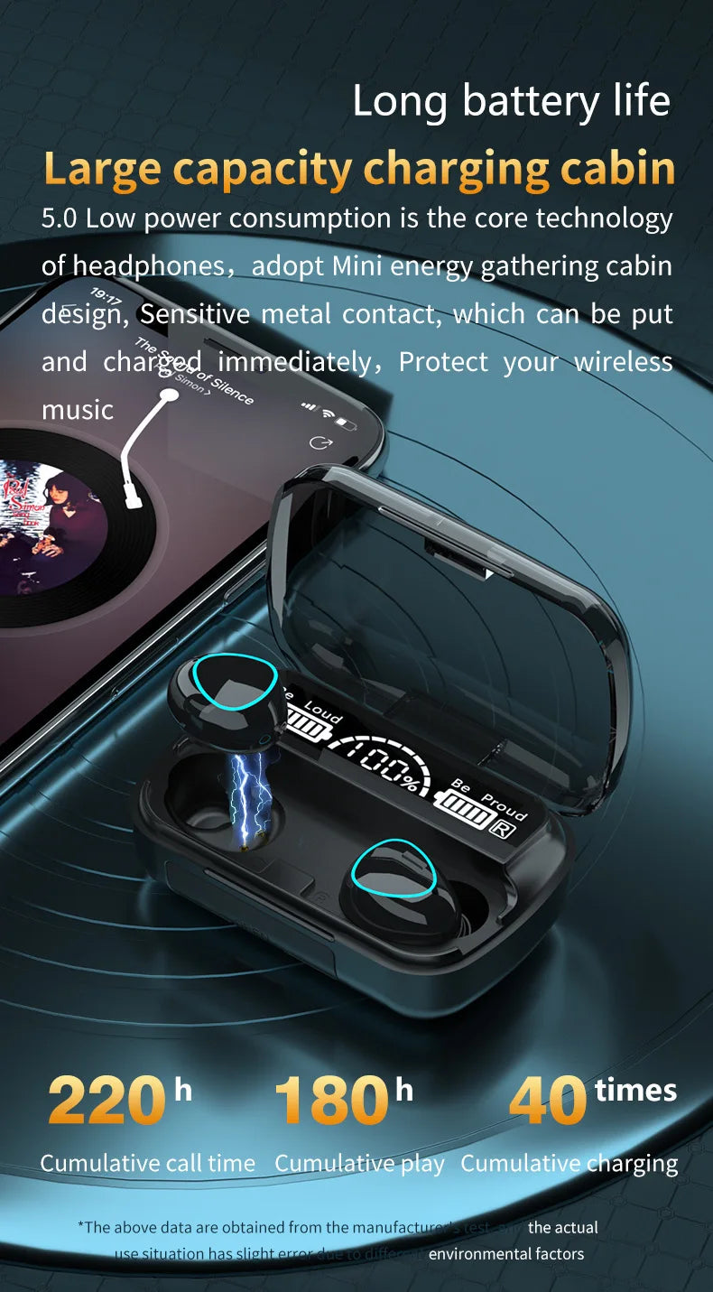 M10 Wireless Earphones with Charging Box, Waterproof Headphone, 9D Stereo, Sports Earbuds, Headsets with Microphone, Bluetooth