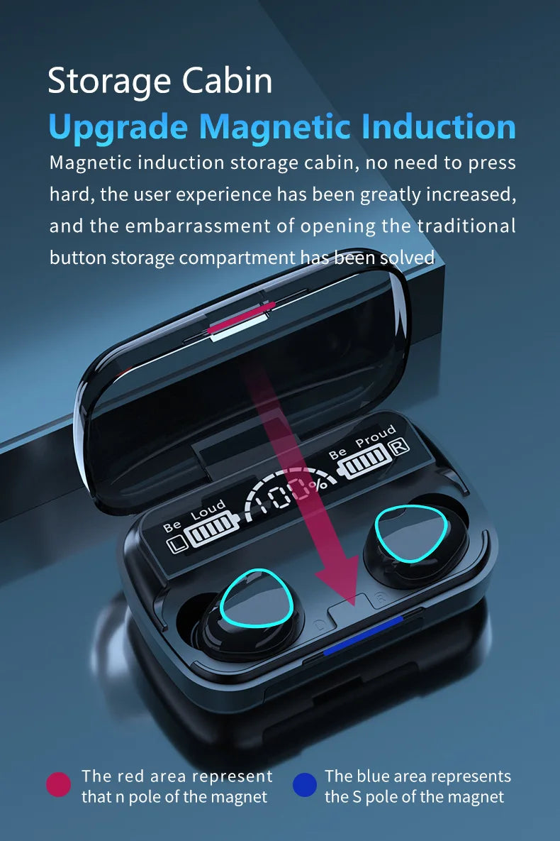 M10 Wireless Earphones with Charging Box, Waterproof Headphone, 9D Stereo, Sports Earbuds, Headsets with Microphone, Bluetooth