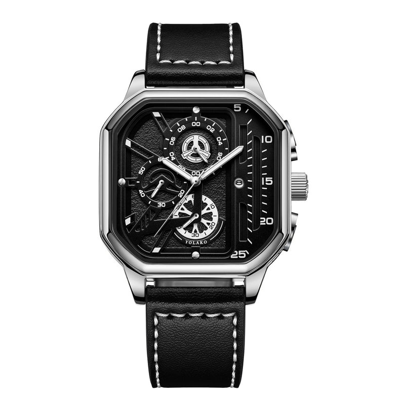 Relógio de Pulso Masculino Quartz com Caixa de Liga, Mostrador de Metal, Pulseira de Couro PU, Grande Mostrador Quadrado, Relógio Esportivo Masculino, Relógio de Pulso Preto e Estiloso para Homens.