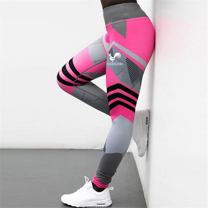 Calças de Yoga com Estampa de Marca HDDHDHH, Leggings Femininas de Fitness com Elementos Geométricos, Calças Esportivas de Cintura Alta.