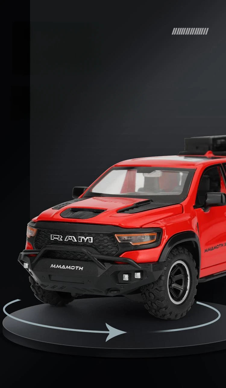 Modelo em Miniatura Dodge RAM MAMMOTH Pickup 1/32 - Carro de Brinquedo Diecast em Metal, Veículo Off Road com Som e Luz, Modelo de Retorno e Presente para Menino