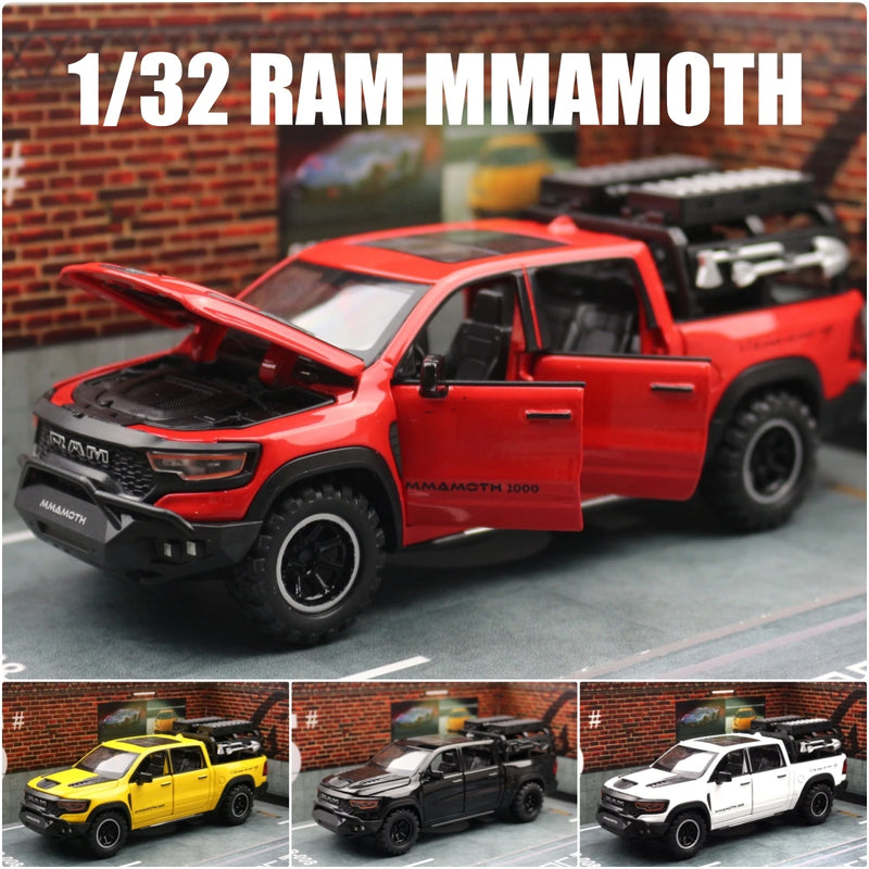 Modelo em Miniatura Dodge RAM MAMMOTH Pickup 1/32 - Carro de Brinquedo Diecast em Metal, Veículo Off Road com Som e Luz, Modelo de Retorno e Presente para Menino