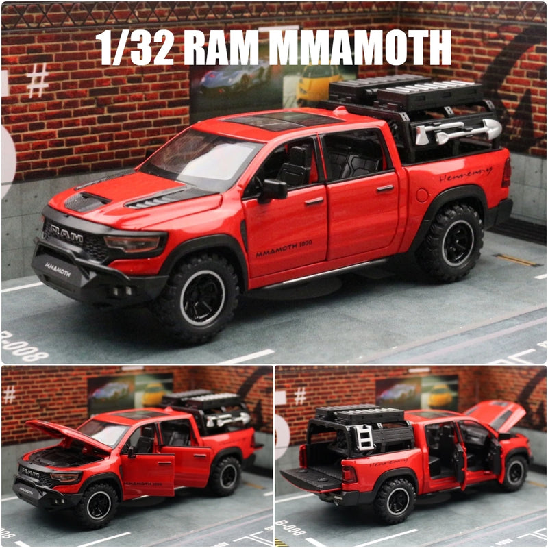 Modelo em Miniatura Dodge RAM MAMMOTH Pickup 1/32 - Carro de Brinquedo Diecast em Metal, Veículo Off Road com Som e Luz, Modelo de Retorno e Presente para Menino