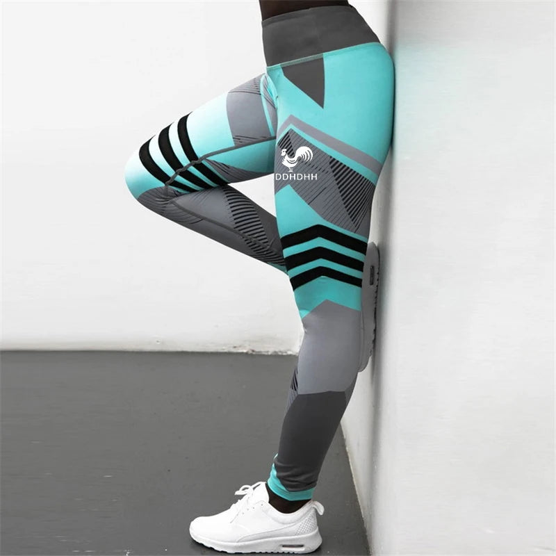 Calças de Yoga com Estampa de Marca HDDHDHH, Leggings Femininas de Fitness com Elementos Geométricos, Calças Esportivas de Cintura Alta.