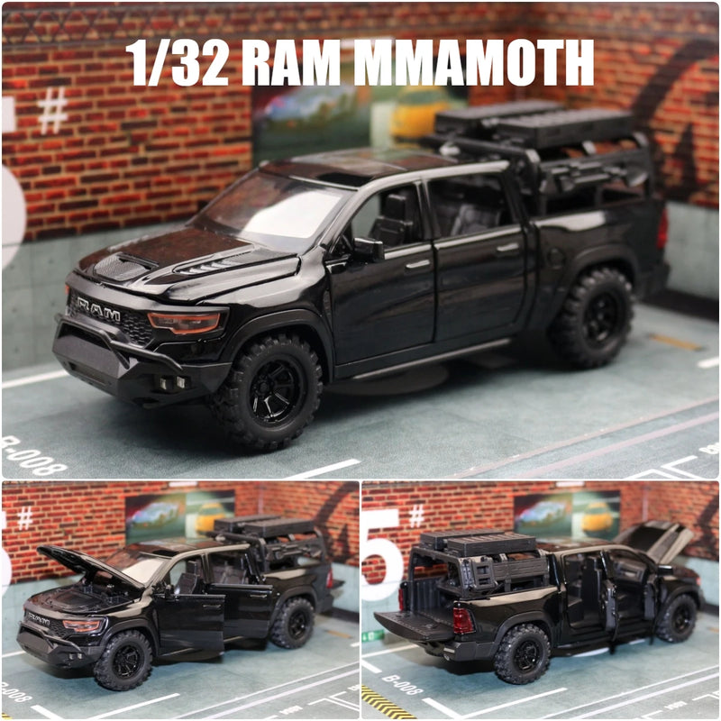 Modelo em Miniatura Dodge RAM MAMMOTH Pickup 1/32 - Carro de Brinquedo Diecast em Metal, Veículo Off Road com Som e Luz, Modelo de Retorno e Presente para Menino