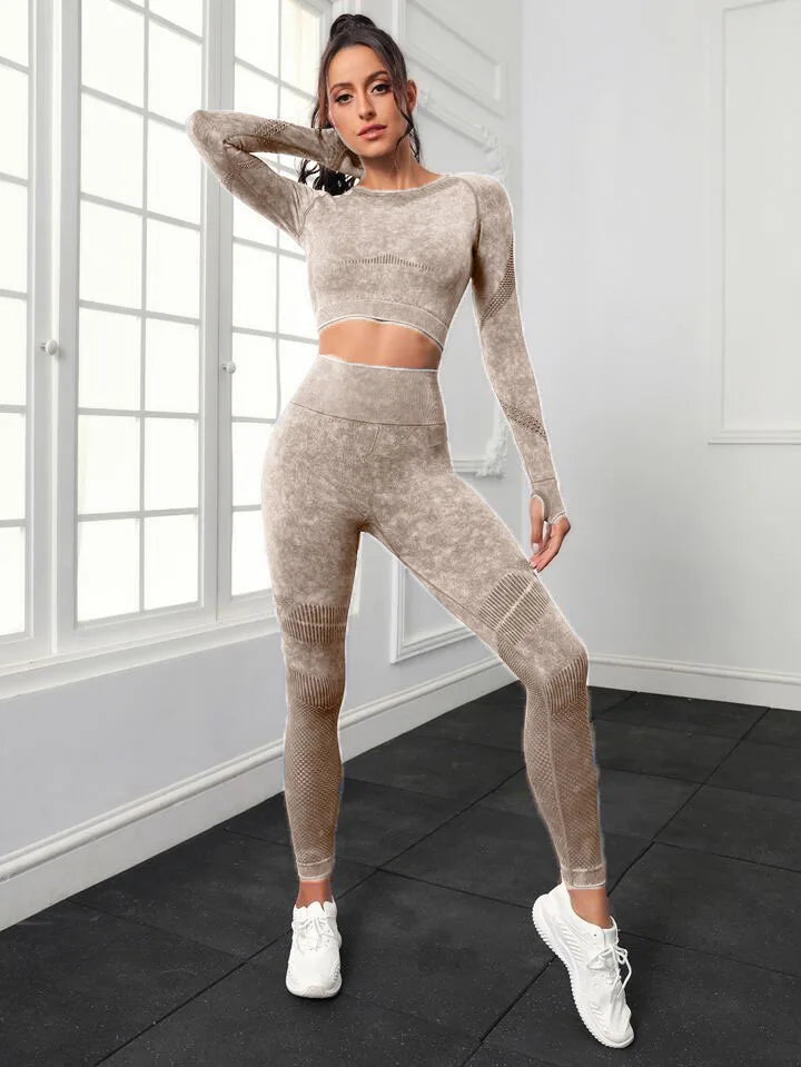 Conjunto de Yoga Mileegirl 2 peças para Mulheres, Conjunto de Calças Esportivas Sem Costura, Leggings de Ginástica com Recortes, Conjunto de Fitness para Treino.