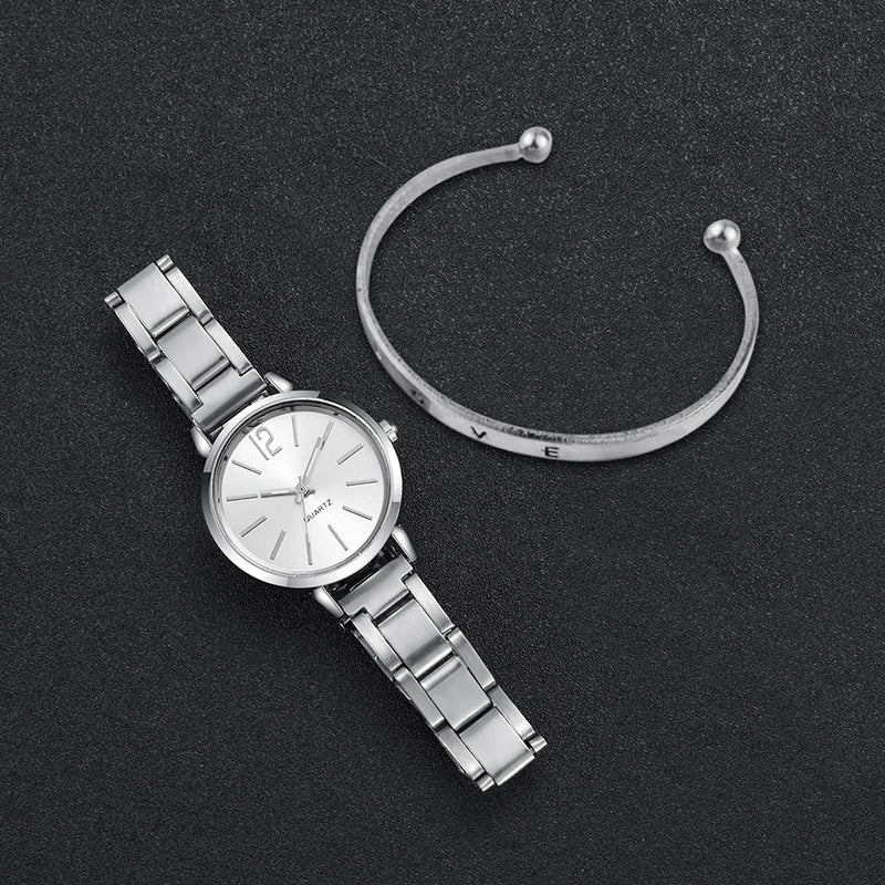 Relógio Feminino Elegante de Moda, Relógio Casual Simples com Pulseira de Aço, Relógio de Quartzo com Bracelete de Coração, Conjunto de 2 Peças, Estilo de Uso com Temperamento.