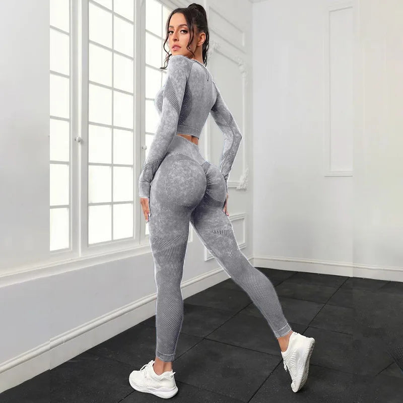 Conjunto de Yoga Mileegirl 2 peças para Mulheres, Conjunto de Calças Esportivas Sem Costura, Leggings de Ginástica com Recortes, Conjunto de Fitness para Treino.