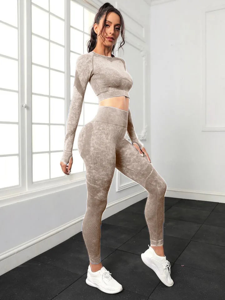 Conjunto de Yoga Mileegirl 2 peças para Mulheres, Conjunto de Calças Esportivas Sem Costura, Leggings de Ginástica com Recortes, Conjunto de Fitness para Treino.