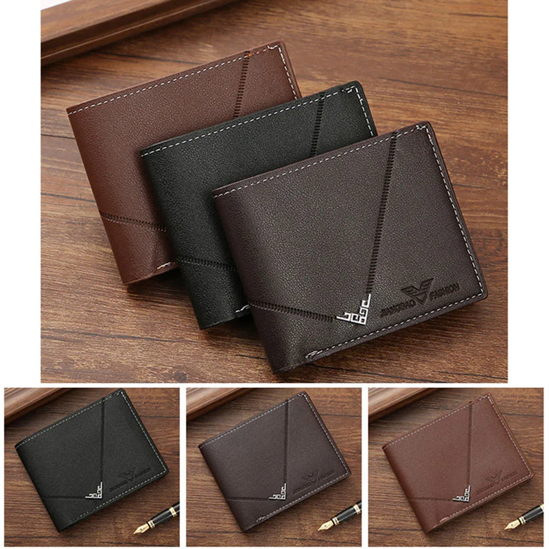 Carteira Masculina em Couro PU com Textura de Lychee, Carteira Curta para Dinheiro, Porta-cartões com Vários Slots, Carteira com Patchwork, Porta-fotos, Clipe de Dinheiro Horizontal.