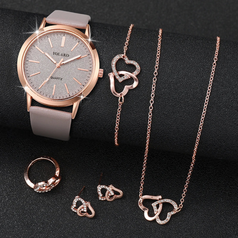 Conjunto de 6 Peças - Relógio Feminino com Pulseira de Couro e Conjunto de Joias em Cor Ouro Rosé