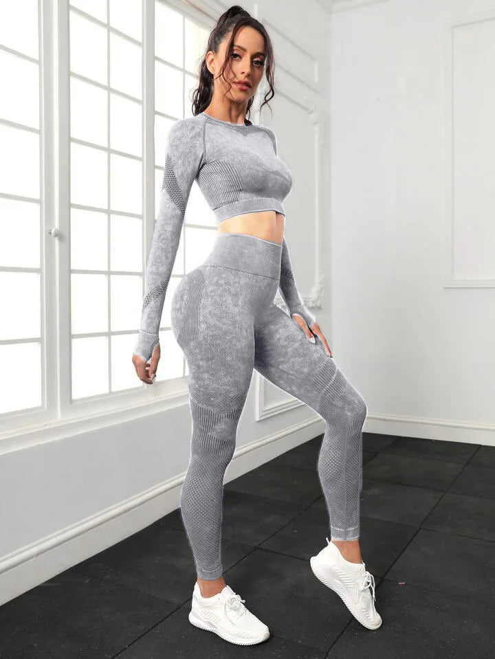 Conjunto de Yoga Mileegirl 2 peças para Mulheres, Conjunto de Calças Esportivas Sem Costura, Leggings de Ginástica com Recortes, Conjunto de Fitness para Treino.