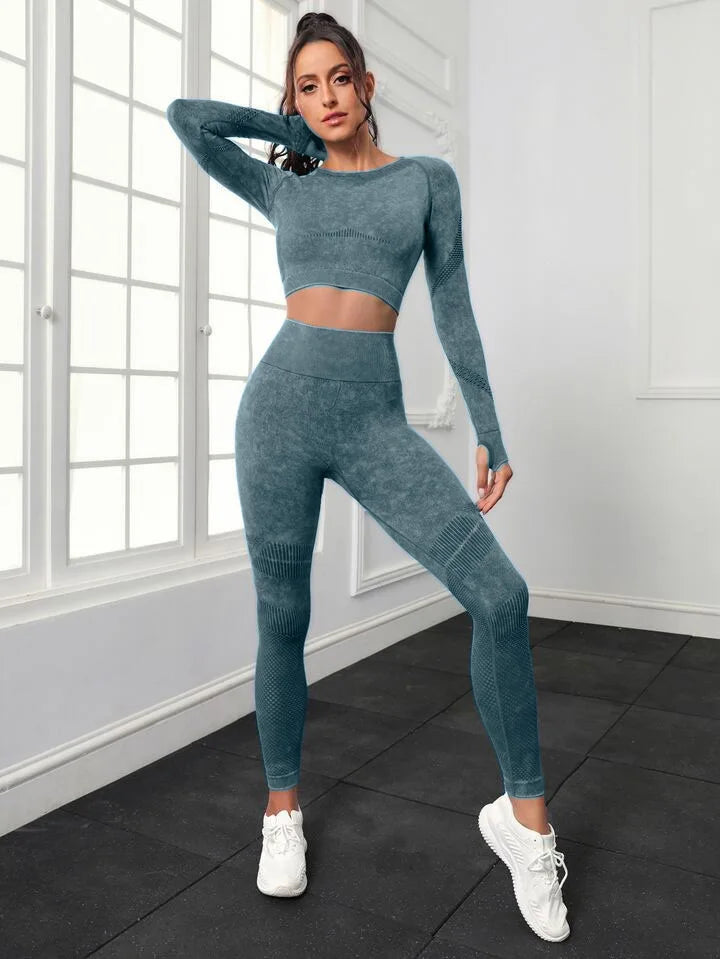 Conjunto de Yoga Mileegirl 2 peças para Mulheres, Conjunto de Calças Esportivas Sem Costura, Leggings de Ginástica com Recortes, Conjunto de Fitness para Treino.