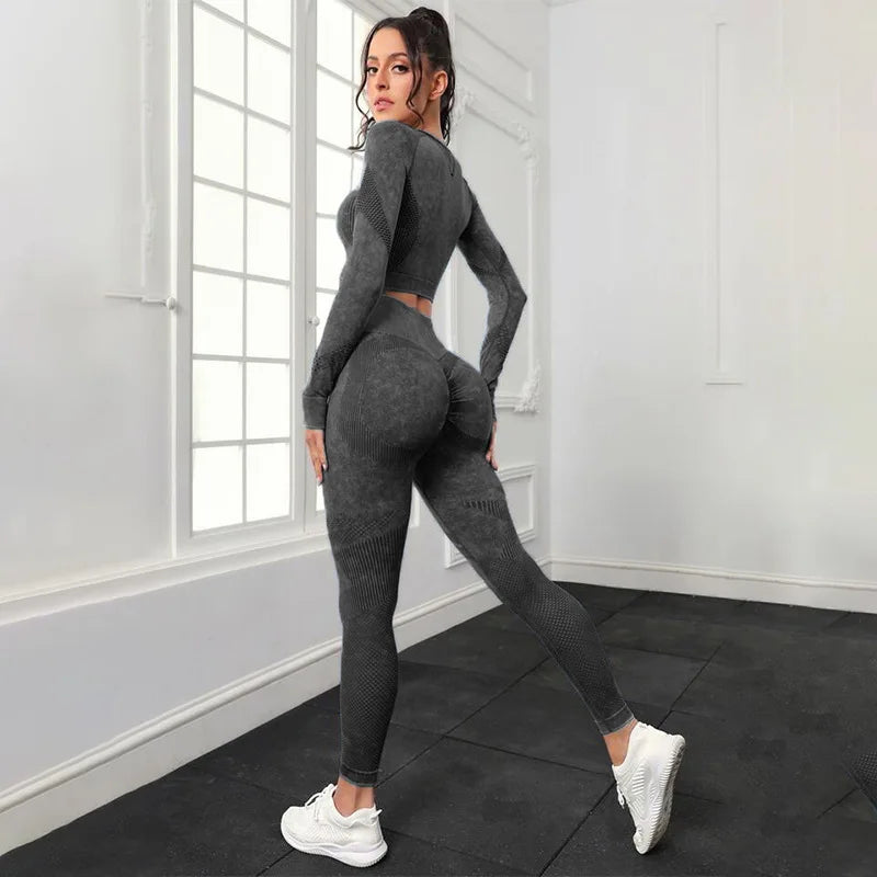 Conjunto de Yoga Mileegirl 2 peças para Mulheres, Conjunto de Calças Esportivas Sem Costura, Leggings de Ginástica com Recortes, Conjunto de Fitness para Treino.