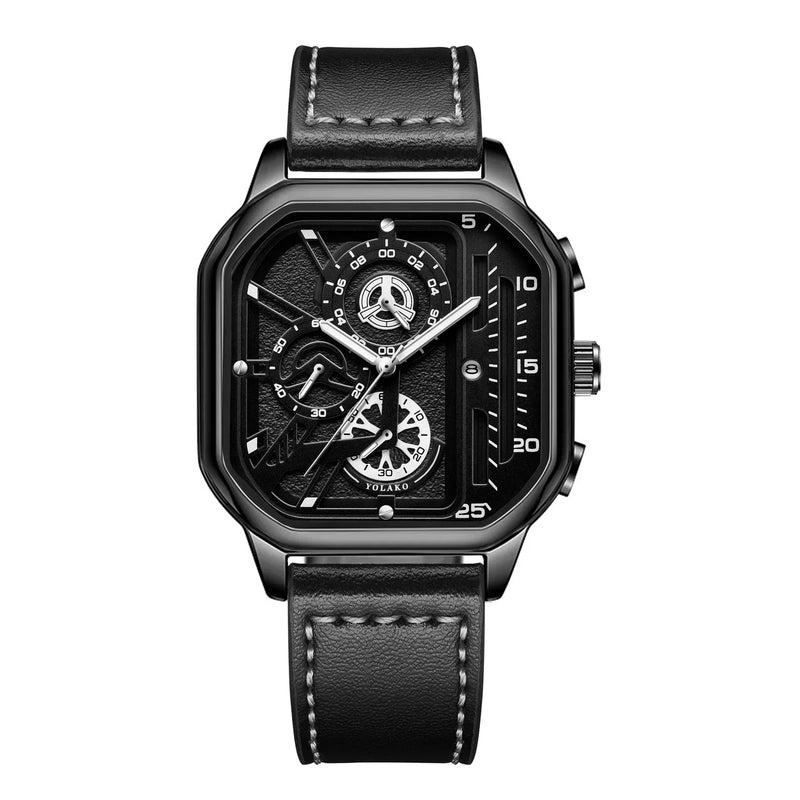 Relógio de Pulso Masculino Quartz com Caixa de Liga, Mostrador de Metal, Pulseira de Couro PU, Grande Mostrador Quadrado, Relógio Esportivo Masculino, Relógio de Pulso Preto e Estiloso para Homens.