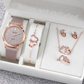 Conjunto de 6 Peças - Relógio Feminino com Pulseira de Couro e Conjunto de Joias em Cor Ouro Rosé