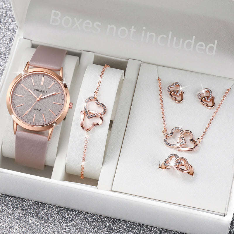 Conjunto de 6 Peças - Relógio Feminino com Pulseira de Couro e Conjunto de Joias em Cor Ouro Rosé