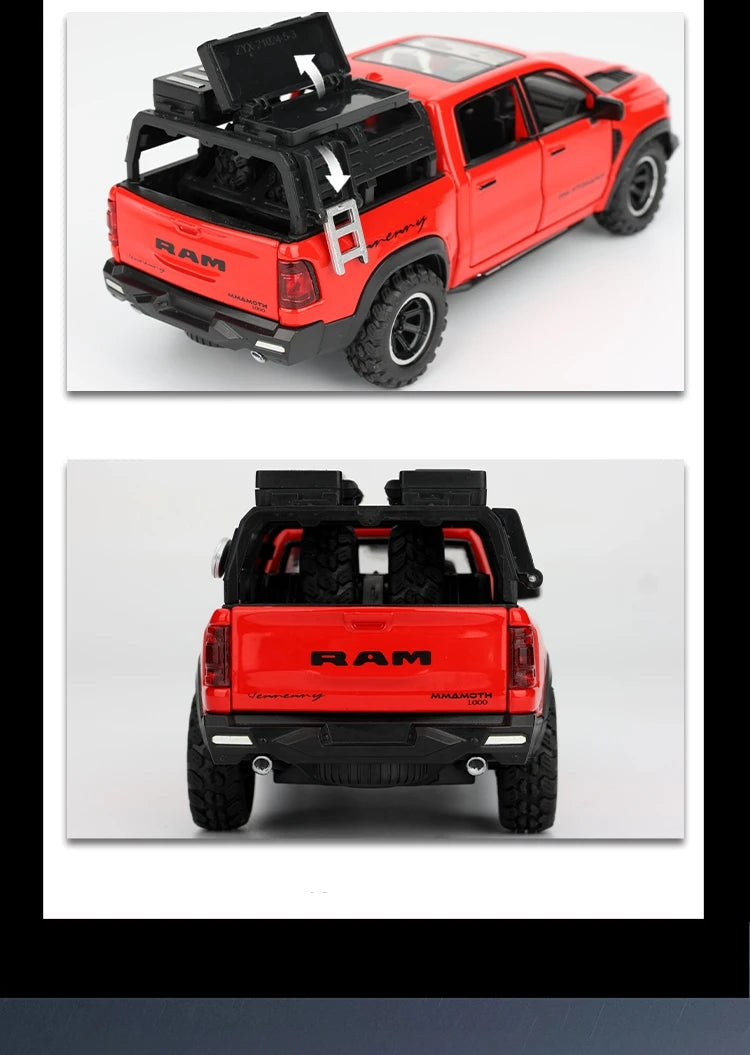 Modelo em Miniatura Dodge RAM MAMMOTH Pickup 1/32 - Carro de Brinquedo Diecast em Metal, Veículo Off Road com Som e Luz, Modelo de Retorno e Presente para Menino