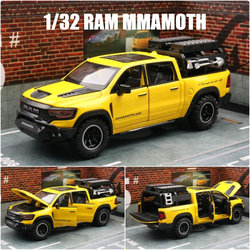 Modelo em Miniatura Dodge RAM MAMMOTH Pickup 1/32 - Carro de Brinquedo Diecast em Metal, Veículo Off Road com Som e Luz, Modelo de Retorno e Presente para Menino