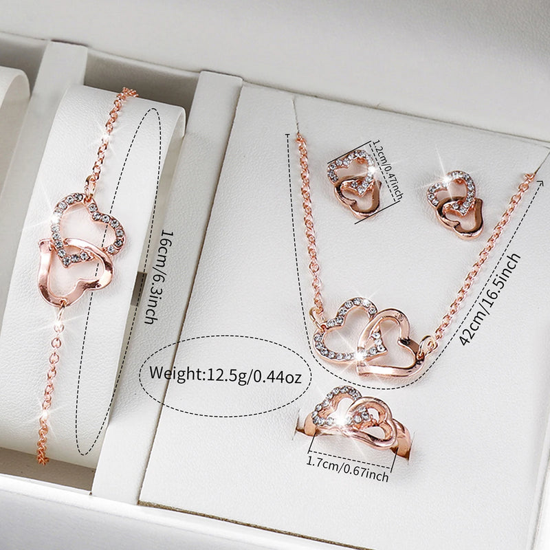 Conjunto de 6 Peças - Relógio Feminino com Pulseira de Couro e Conjunto de Joias em Cor Ouro Rosé