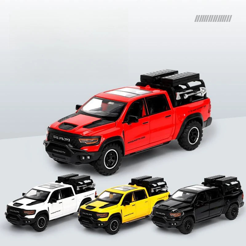 Modelo em Miniatura Dodge RAM MAMMOTH Pickup 1/32 - Carro de Brinquedo Diecast em Metal, Veículo Off Road com Som e Luz, Modelo de Retorno e Presente para Menino