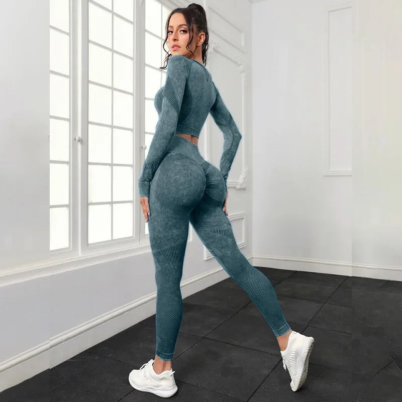 Conjunto de Yoga Mileegirl 2 peças para Mulheres, Conjunto de Calças Esportivas Sem Costura, Leggings de Ginástica com Recortes, Conjunto de Fitness para Treino.